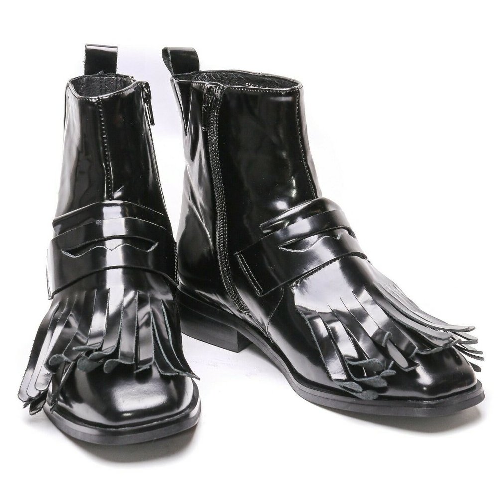 Jeffrey Campbell Baron Dress Patent Leather Glossy Fringe Boots Sz 6.5 NEW MRSP